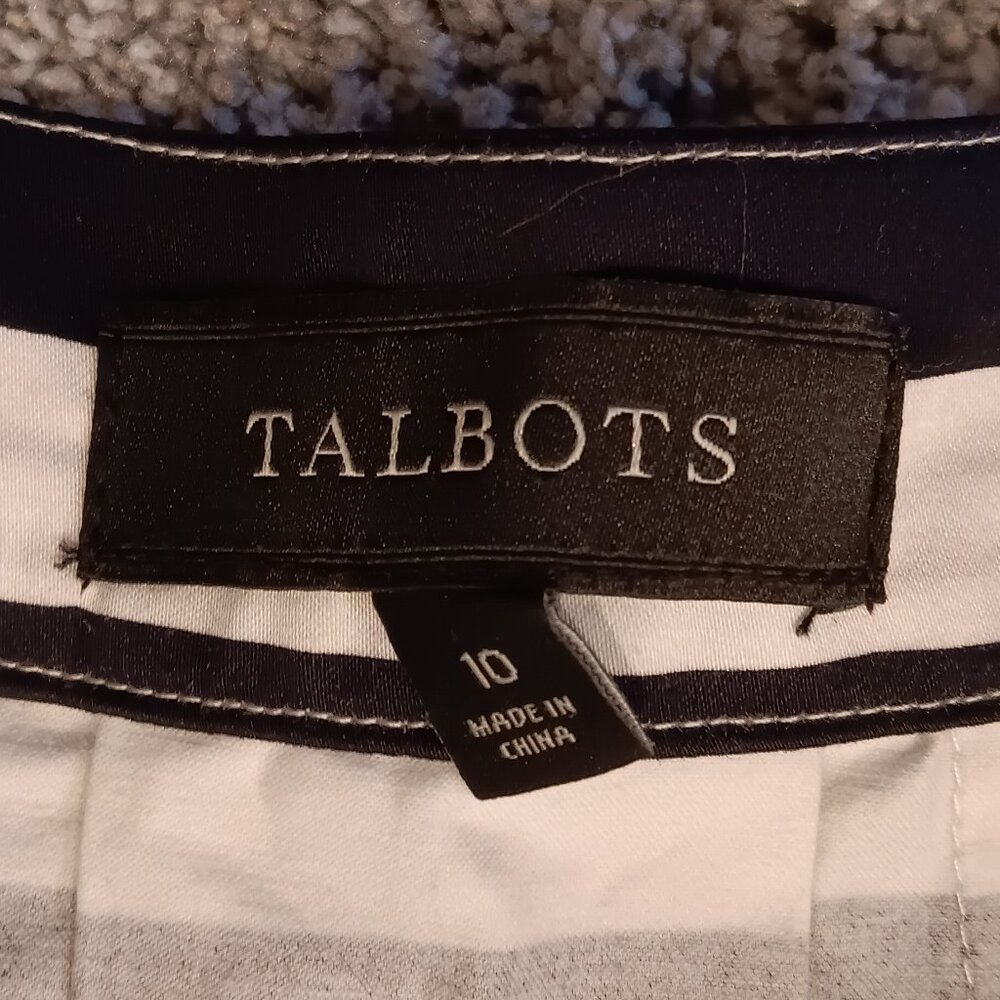 Talbots Pleated A-line Skirt, Black/White Stripes, Purple Flowers, Size 10 - Picture 3 of 4